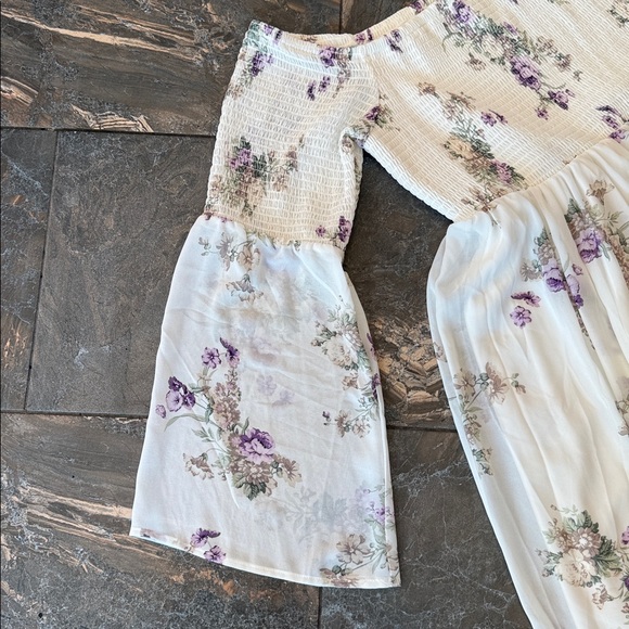 Torrid ivory and purple floral smocked chiffon off-the-shoulder dress - Picture 4 of 15